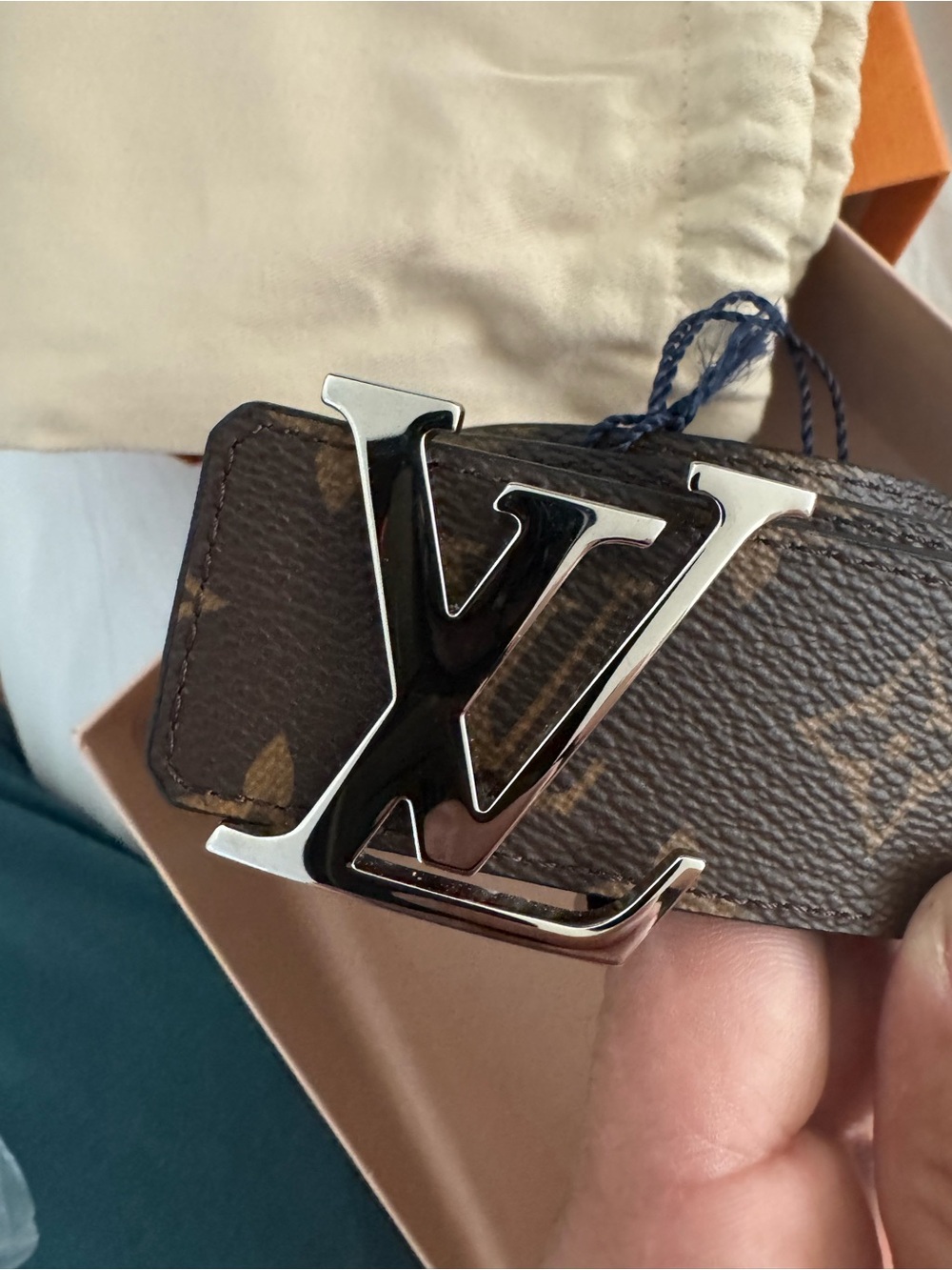 Louis Vuitton Brown Monogram Belt with Silver LV Initial Buckle